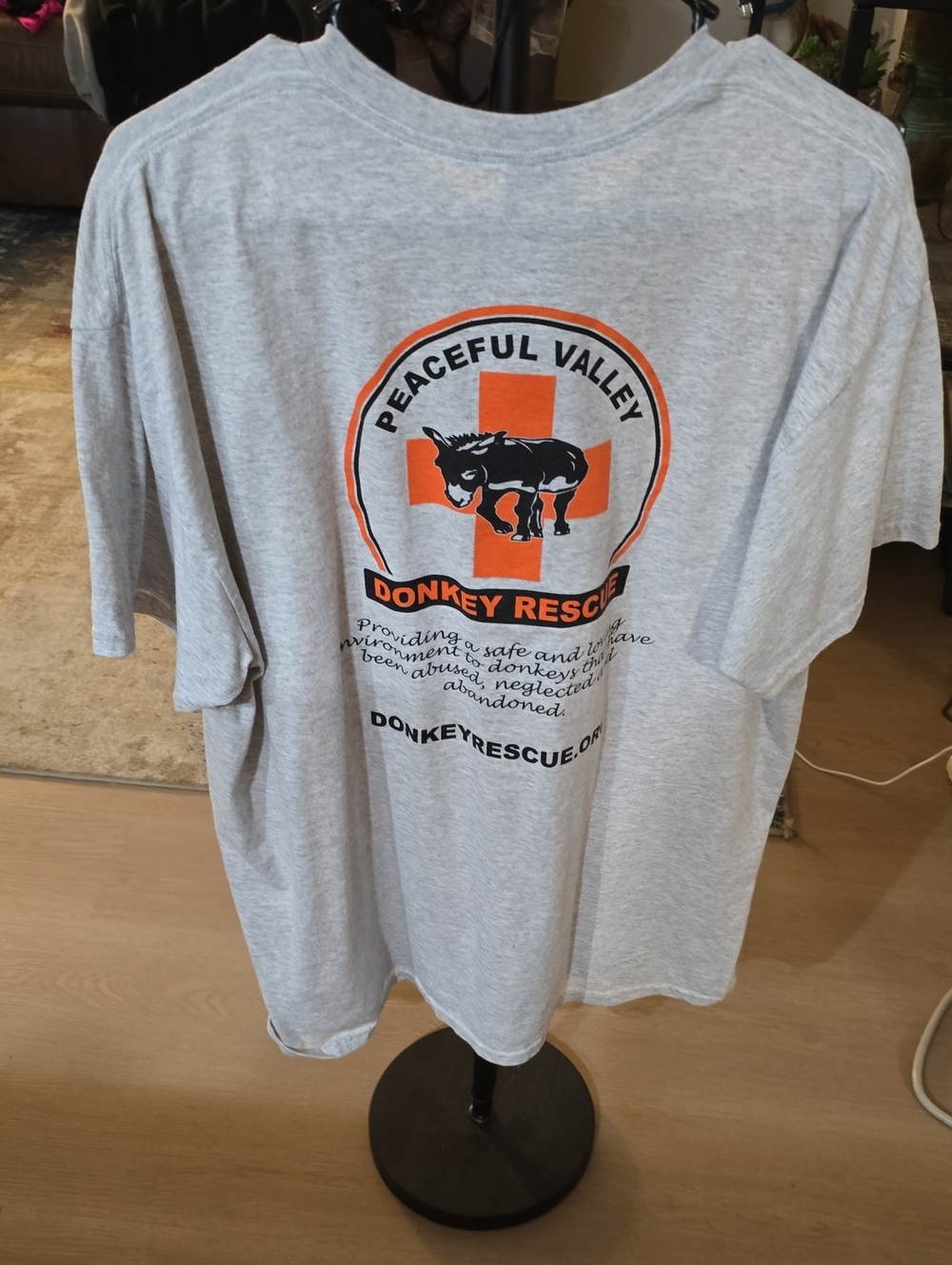 Hanes Gray Short Sleeve Tee with Orange & Black Donkey Rescue Logo